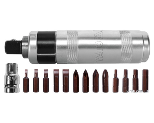 Викрутка реверсивна ударна YATO: L= 160 мм, з магнітними насадками, комплект 15 Од. [мет. Кейс] [16]