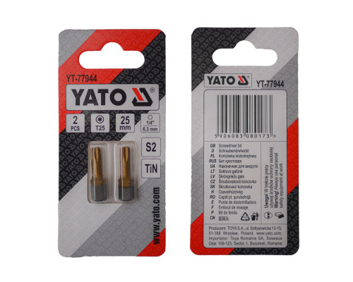 Насадка викруткова YATO TORX T25 х 25 мм. HEX 1/4", покрита титаном, 2 шт.