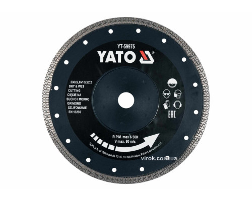 Диск відрізний алмазний по гресу, склу, кераміці YATO Ø=230x2x10x22.2 мм, в мокрому і сухому режимі