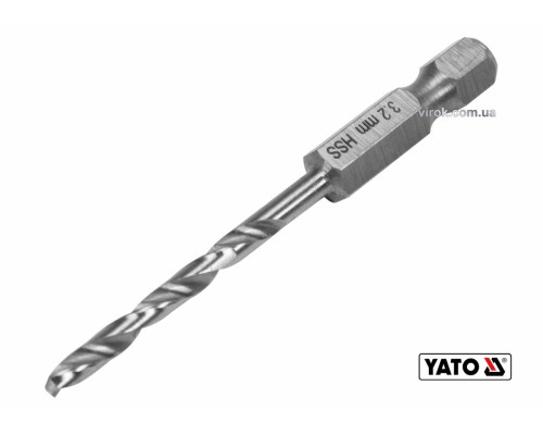 Свердло по металу YATO: HSS6542, Ø=3.2мм, HEX-1/4", l=65/34мм,для нержав.,конструкт.,легов.сталі(DW)