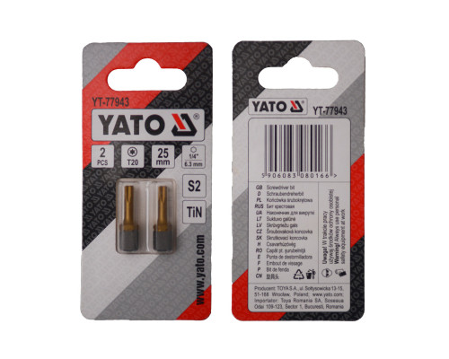 Насадка викруткова YATO TORX T20 х 25 мм. HEX 1/4", покрита титаном, 2 шт.