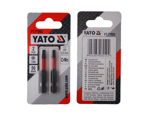 Отверточная насадка YATO TORX T20 х 50 мм. HEX 1/4”, хром-молибден, 2 шт.