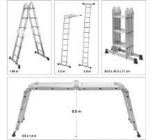 Драбина розкладна VOREL : 4 секції x 3 сходини, h=3.4 м, 94х35х27 см, алюміній+сталь [1]