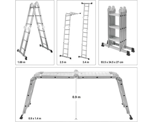 Драбина розкладна VOREL : 4 секції x 3 сходини, h=3.4 м, 94х35х27 см, алюміній+сталь [1]
