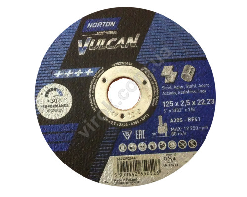 Диск відрізний по металу і нержав. сталі тм "NORTON VULCAN"; Ø= 125х22,2 мм, t= 2,5 мм