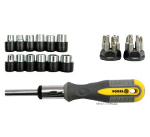 Отвертка VOREL с трещаткой, торцевыми головками и отверточными насадками, набор 29 шт. [6/24]