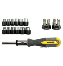Викрутка VOREL з тріщаткою, торцевими головками і викрутковими насадками, набір 29 шт. [6/24]