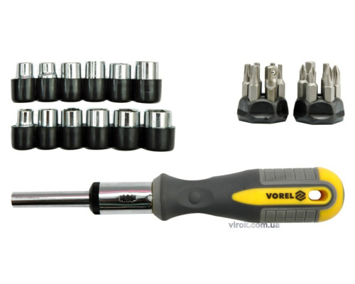 Викрутка VOREL з тріщаткою, торцевими головками і викрутковими насадками, набір 29 шт. [6/24]