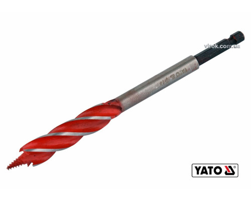 Свердло по дереву YATO : Ø= 14 мм, L= 165 мм, HRC 40-45 з 4 пругами, HEX- 1/4" [100]