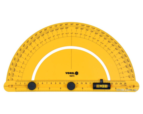 Транспортир VOREL з шкалою 0-180º і рухомим рівнем l=250 мм, з блокувальними гвинтами [10/60/720]