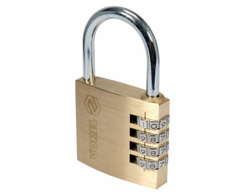 Замок навісний з кодовим замиканням VOREL: латунний корпус- 50х 13.9х46 мм, сталев дуга- 34х32х 6 мм