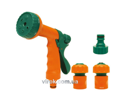 Ороситель-пистолет 6-режимный FLO с набором соединений 1/2", 3/4", ABS-пластик, 4 шт [12/48]