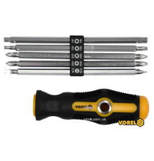 Викрутка двостороння VOREL 64960 : L= 175 мм, (5 насадок) SL, PH, PZ,TORX, HEX, Cr-V, [12/48]