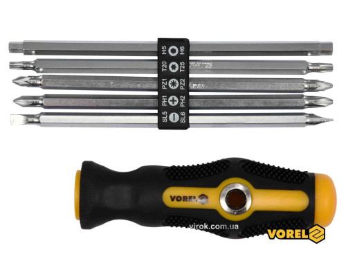 Викрутка двостороння VOREL 64960 : L= 175 мм, (5 насадок) SL, PH, PZ,TORX, HEX, Cr-V, [12/48]
