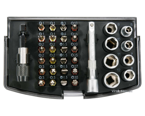 Набір насадок викруткових 1/4" і торц. головок з квадр.- 1/4" YATO з тримачем і подовж, 34 шт. [20]