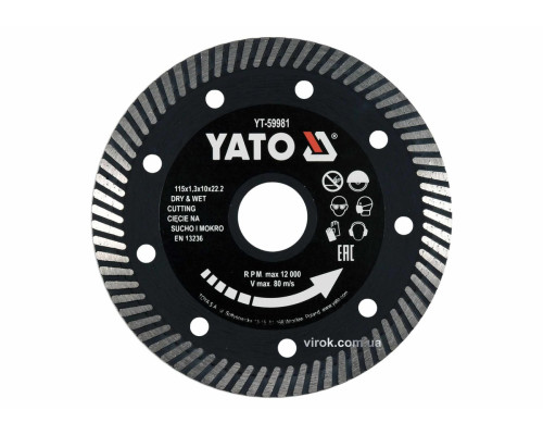 Диск відрізний алмазний по гресу,кераміці "TURBO" YATO Ø=115x1.3x10x22.2мм,в мокрому і сухому режимі