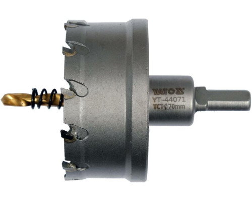 Сверло коронка по металлу TCT YATO: Ø70 x 103 мм, толщ. до 25мм, с направляющим, 6-гран. хвост 3/8" [6]