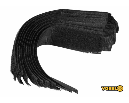 Хомут-липучка для кабеля VOREL: 25 x 150 мм, чорний, нейлон + поліестер + поліуретан, 10 шт [50/100]