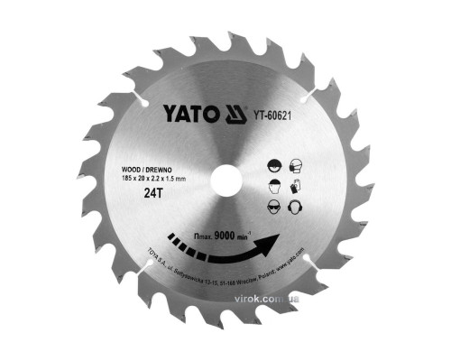 Диск пиляльний победітовий по дереву YATO: 185x20x2.2x1.5 мм, 24 зубці, R.P.M до 9500 1/хв [25/50]