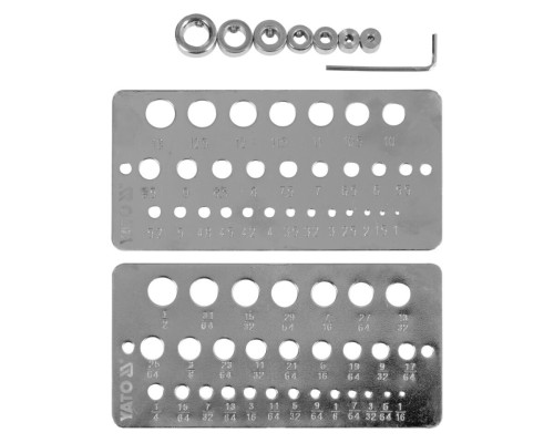 Шаблони контроля діаметрів, глибин свердління YATO отворів Ø= 1-13 мм/ 1/16-1/2", 10шт з ключом(DW)