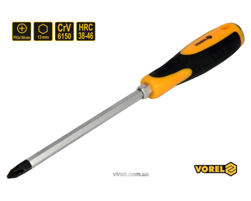 Викрутка хрестова ударна з 6-гранним стержнем VOREL : PH3 х 150 мм, HRC 38-46, Cr-V [12/72] DW