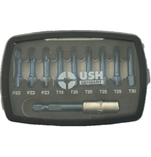 Набір насадок викруткових Blueshock USH: 1/4"х 30 мм, PZ2-3; T15-20-25-30, магнітний тримач, 10 ел.