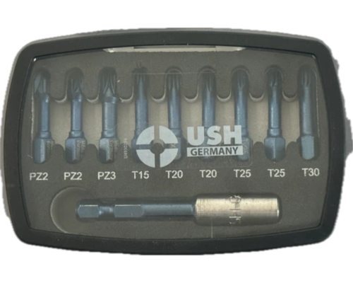 Набір насадок викруткових Blueshock USH: 1/4"х 30 мм, PZ2-3; T15-20-25-30, магнітний тримач, 10 ел.