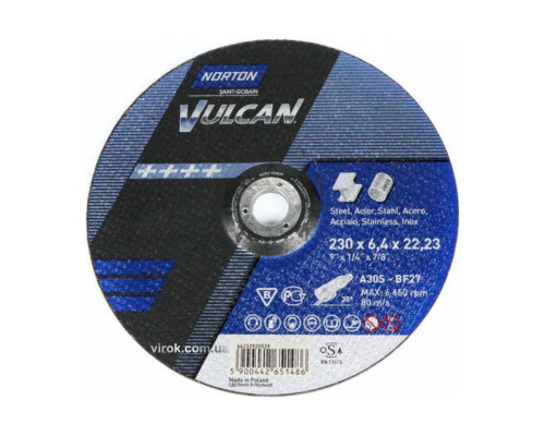 Диск шлифовальный по металлу и нержав. стали "NORTON VULCAN"; Ø=230/22,2 мм, t=6.4 мм