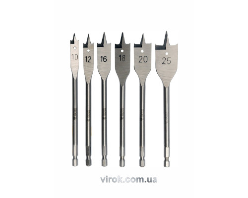 Свердла перові по дереву YATO: 6-гранний хвостик HEX-1/4", Ø=10-25 мм, L=152 мм. (Набір/6 Шт.) [25]