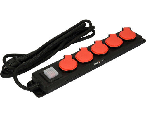 Подовжувач ел.-мережевий YATO: l=3м, колодка з 5 гніздами і вмик, 3-жильний S=1,5 мм², з заземл [10]