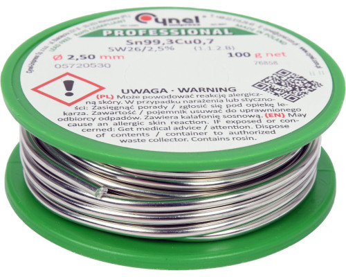 Припій без свинцю CYNEL : Ø2,5 мм, Sn99,3-Cu0,7 дротяний на котушці з флюсом m= 100 г [30]