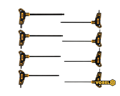 Набір ключів шестигранних з кульковим наконечником VOREL : тип"Т", HEX 2.5-10 мм, L=100-200 мм, 8 шт