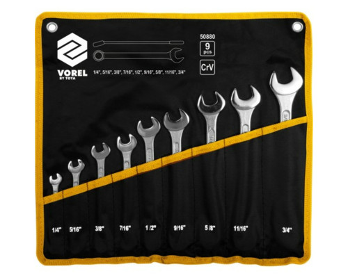 Ключі ріжково - накидні VOREL Cr-V на плахті: дюймові 1/4"-3/4". Набір 9 шт [10]