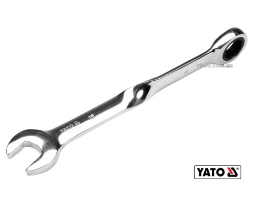 Ключ рожково-накидный, крученый 90° с трещаткой YATO: М=19 x 239 мм, HRC 40-45, Cr-V(DW)