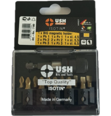 Набір насадок викруткових Isotin USH: 1/4", PH1, 2xPH2, PZ1, 2xPZ2, SL4.5- 6.5 магнітн тримач, 12ел.