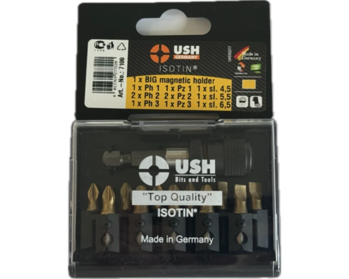 Набір насадок викруткових Isotin USH: 1/4", PH1, 2xPH2, PZ1, 2xPZ2, SL4.5- 6.5 магнітн тримач, 12ел.
