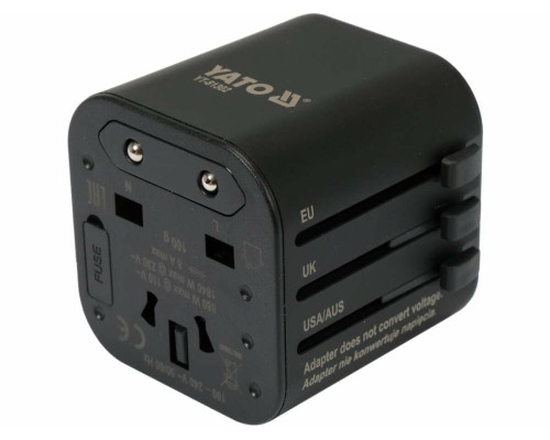 Розетка-адаптер електромережевий 110-240 В, до 8 А YATO з універсальним гніздом і вилками