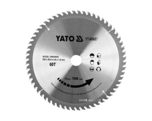 Диск пиляльний победітовий по дереву YATO: 235x25.4x2.8x1.8мм, 60 зубців, R.P.M до 7000 1/хв [10/20]