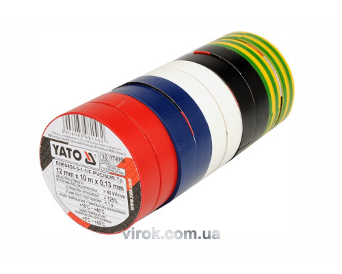 Стрічка ізоляційна різнокольрова YATO : 12 мм х 10 м, 5 кольорів, Уп. 10 Рул. [10/40]