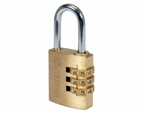Замок навісний з кодовим замиканням VOREL: латунний корпус- 25х 10,2х30,4 мм, стал дуга- 22х12х 4 мм