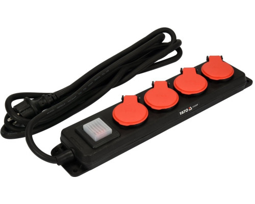 Подовжувач ел.-мережевий YATO: l=3м, колодка з 4 гніздами і вмик, 3-жильний S=1,5 мм², з заземл [10]