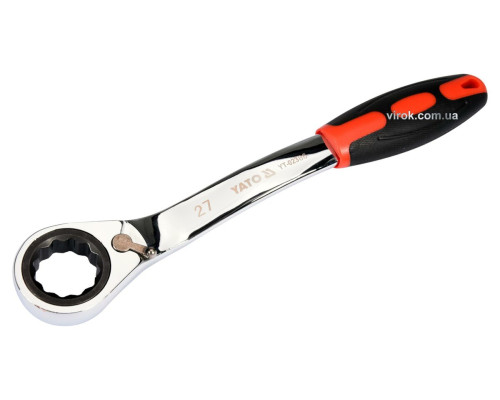 Ключ накидний, вигнутий з тріщаткою YATO: М27, HRC 42-48, Cr-V, з прогумованою ергономічною ручкою