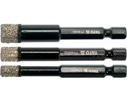 Свердла з алмазним пругом YATO, 3 шт. Ø= 6-8-10 мм, l= 65/10 мм, з 6-гран. шпинделем- 1/4" [20/80]