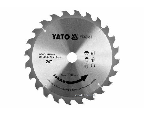 Диск пиляльний победітовий по дереву YATO: 235x25.4x2.8x1.8 мм, 24 зубці, R.P.M до 7000 1/хв [10/20]