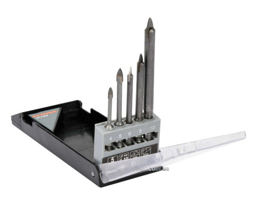 Набір свердл по склу і кераміці STHOR : Ø= 4, 5, 6, 8, 10 мм, YG6X, HEX-1/4", 5 шт [25/100]