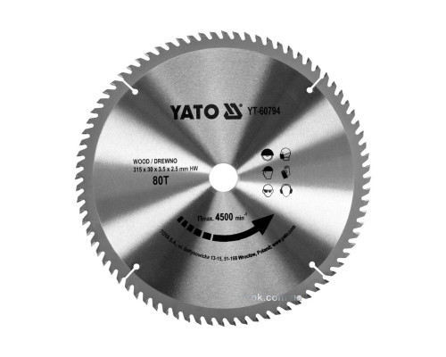 Диск пиляльний победітовий по дереву YATO: 315х30х3.5х2.5 мм, 80 зубців, R.P.M до 4500 1/хв [10]