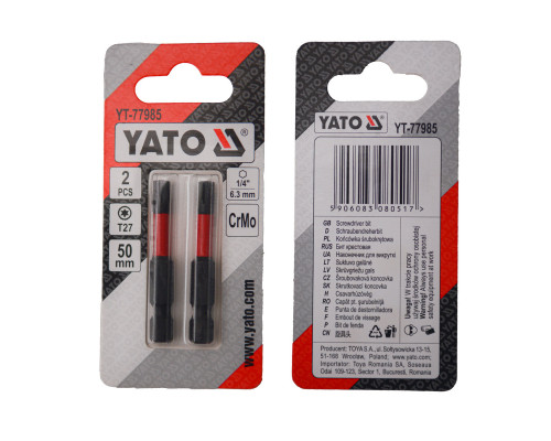 Насадка викруткова YATO TORX T27 х 50 мм. HEX 1/4", хром-молібден, 2 шт.