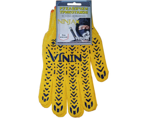 Рукавиці трикотажні жовті NINJA з ПВХ (10 клас,бавовна 70%,поліестр 30%)розм.10