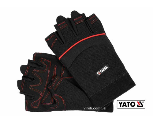 Рукавиці робочі чорні з відкритими пальцями YATO: штучна шкіра+синтетична тканина, розмір 10 [12/72]