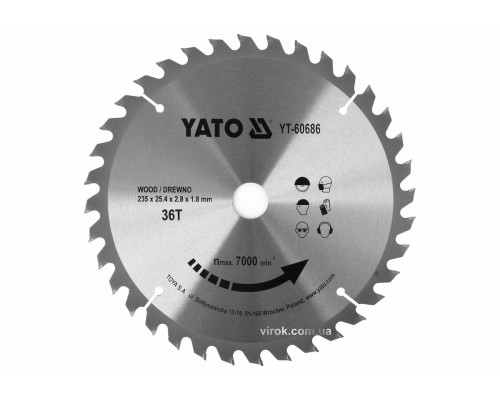Диск пиляльний победітовий по дереву YATO: 235x25.4x2.8x1.8 мм, 36 зубців R.P.M до 7000 1/хв [10/20]